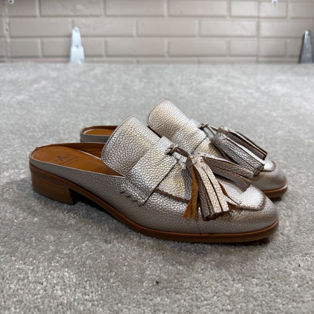 Aquatalia Stella Tumbled Metallic Leather Tassel Mules Loafer EUC 6.5 Italian